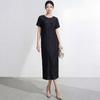 Elegant Women's Plus Size Pear Shape Summer Dress - Loose Fit, Round Neck, Short Sleeve, Slimming Miyake Style