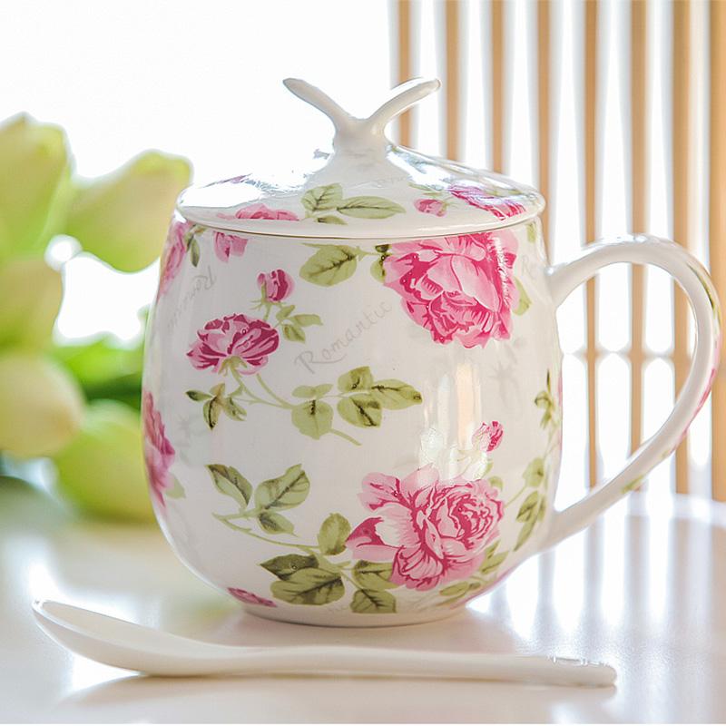 Ceramic Coffee Mug With Lid And Spoon Chic Bone China Coffee Cup Sets 450ml Ceramic Creative Simple Milk Cups Couple Gifts