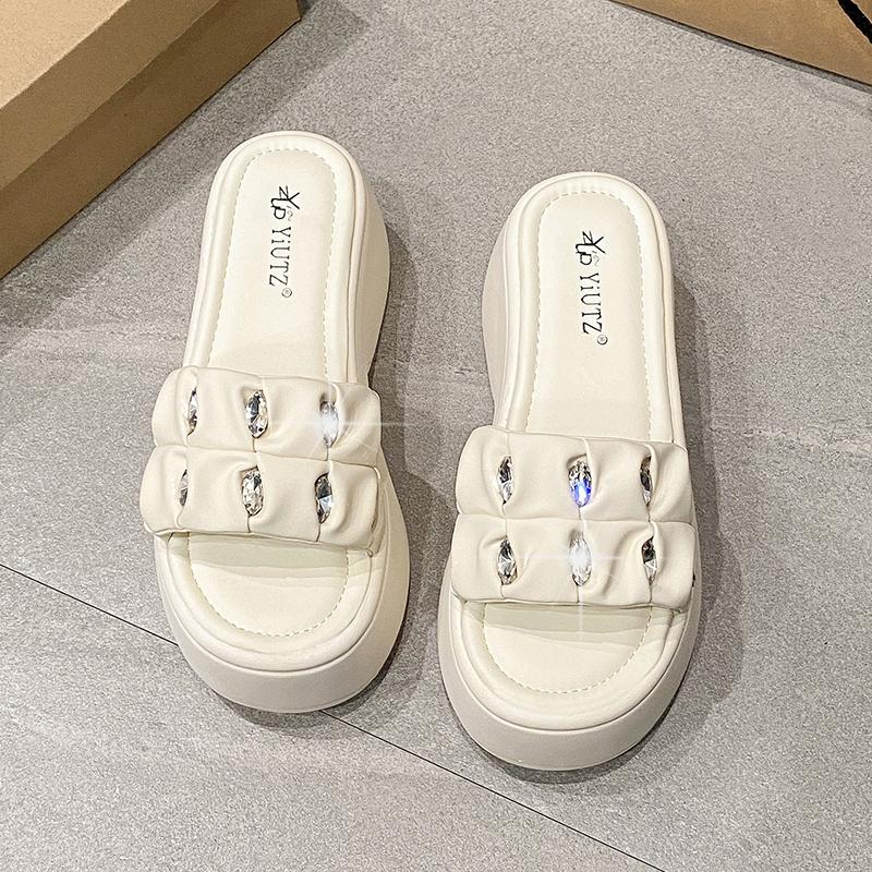 Fashion 8CM Summer High Platform Women Sandals Wedge Heels Slippers Crystal New Beach Outside Chunky Sandals Comfort Casual Slides Woman