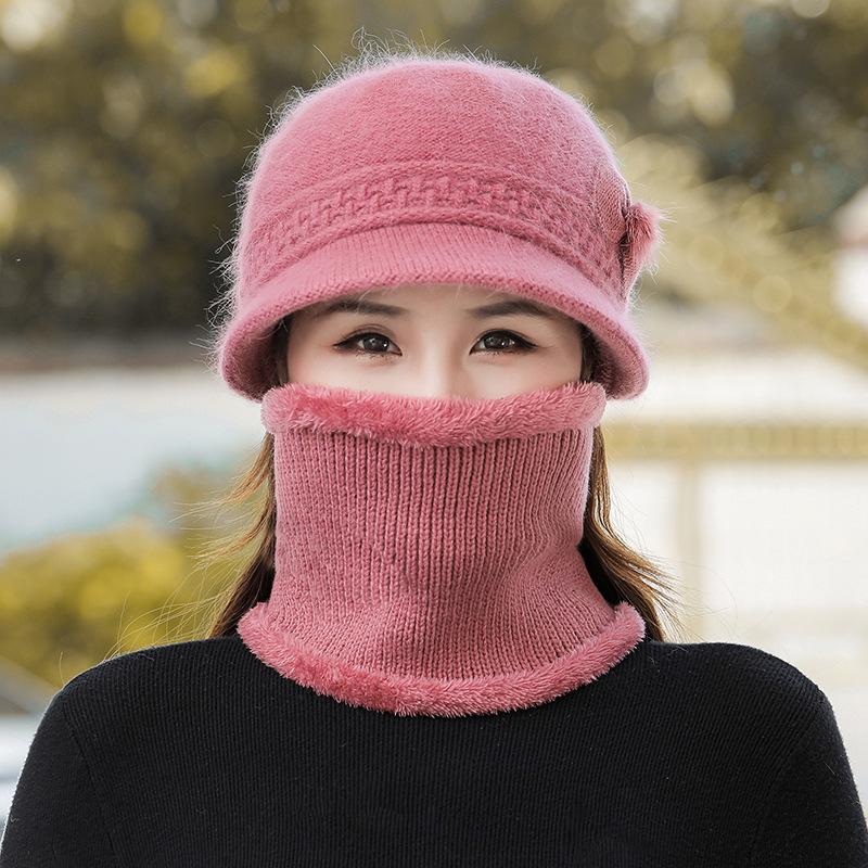 Căciulă tricotată de toamnă și iarnă pentru femei din păr de iepure cu floare la modă