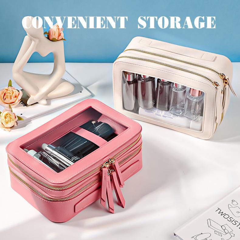 Waterproof Large-Capacity PU Makeup Bag - Portable Double-Layer Transparent Design