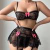 Sexy lingerie lace perspective splicing three-point bra set mesh garter belt women