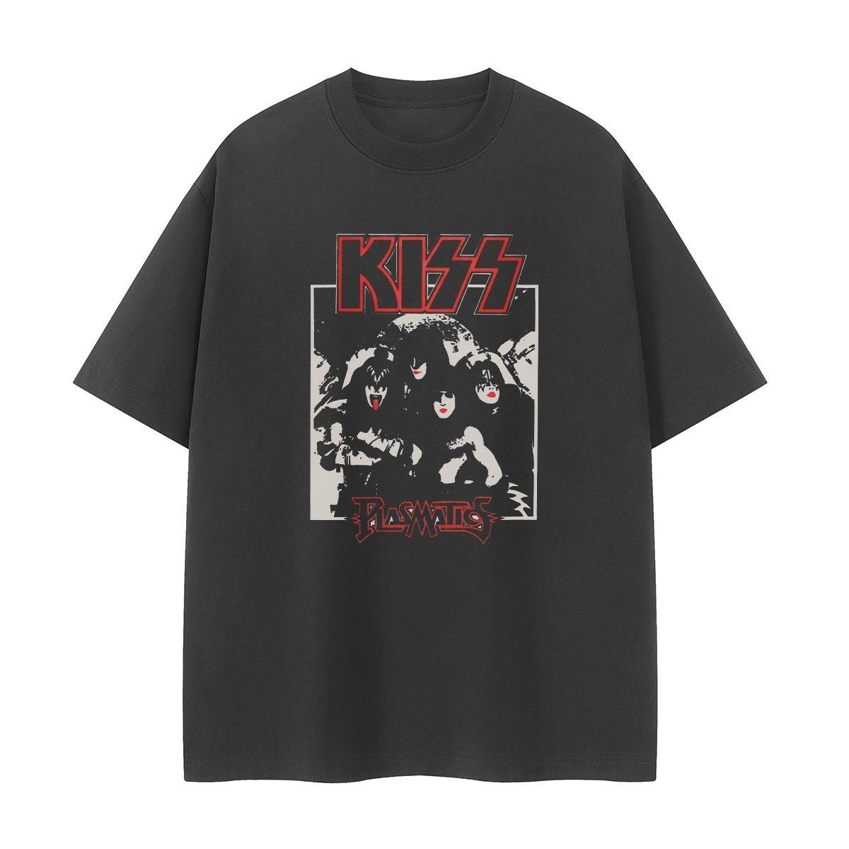 

KISS Band Retro Portrait American Street Hip-hop Metal Vtg Off-the-shoulder Loose Pure Cotton Rock Short-sleeved T-shirt 4XL