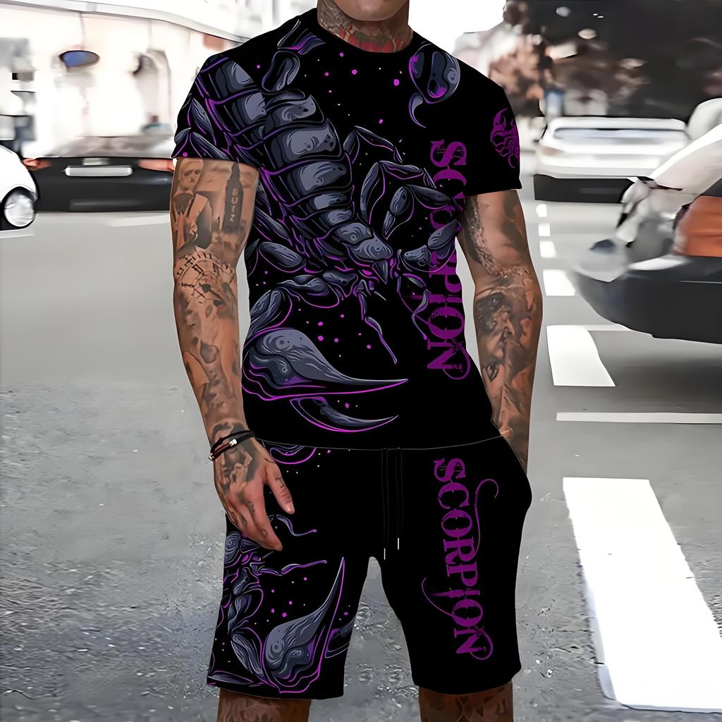 Trendy Lion Graphic Short Sleeve Top Drawstring Shorts Set Summer T-shirt Pocket Shorts 2-piece Set Oversized Men's Clothing