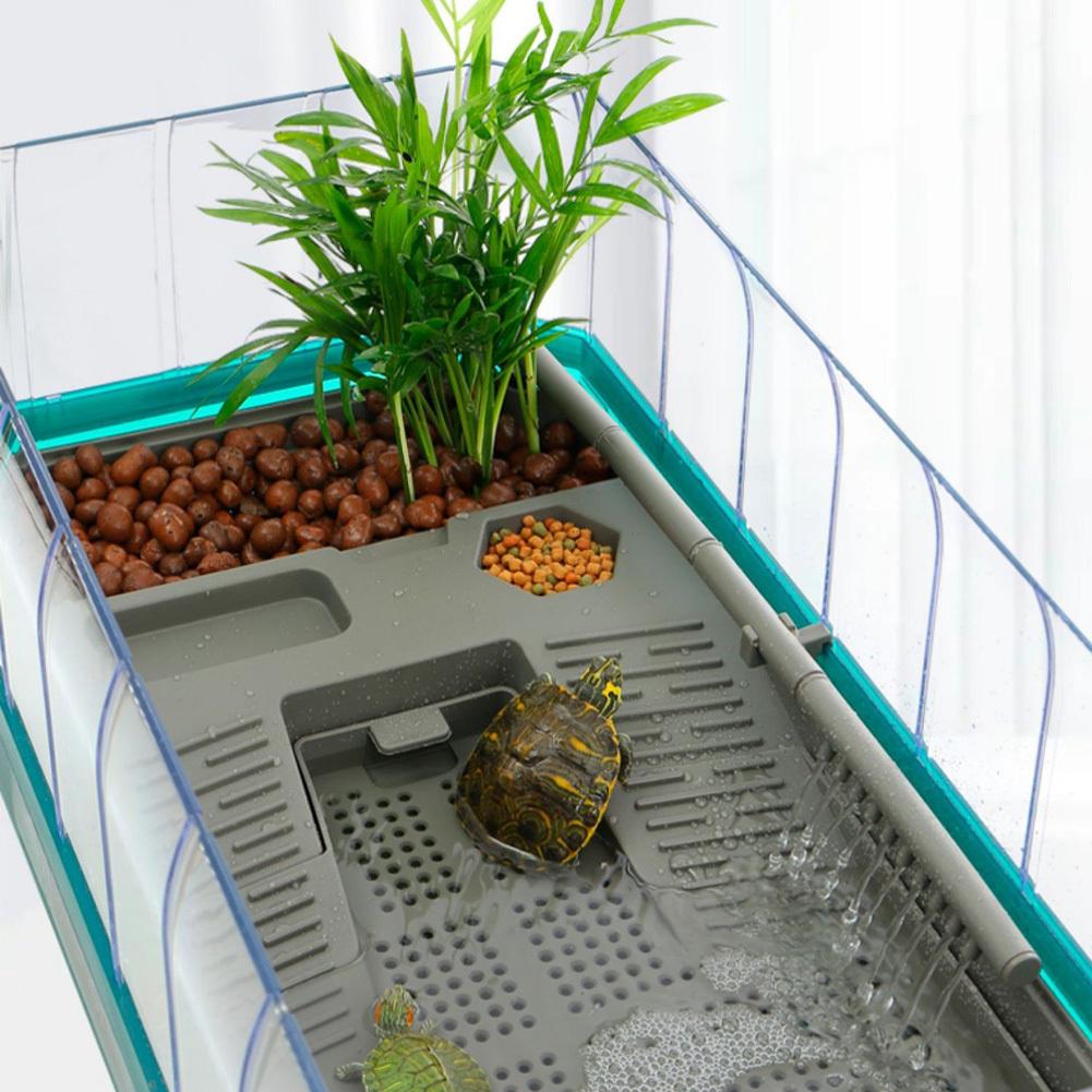 Turtle Tank Starter Kit Turtle Tank With Basking Platform Drain Detachable Transparent Fence Rain Shower Head For Turtles Crabs