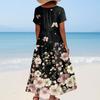 Women's Summer Casual Floral Print Short Sleeve O Neck High Waist A Line Tiered Flowy Boho Maxi Dress