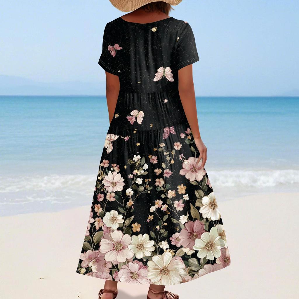 Women's Summer Casual Floral Print Short Sleeve O Neck High Waist A Line Tiered Flowy Boho Maxi Dress