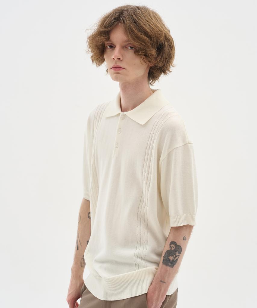 BLOND9 Soft Cable Collar Short Sleeve Knit_Ivory