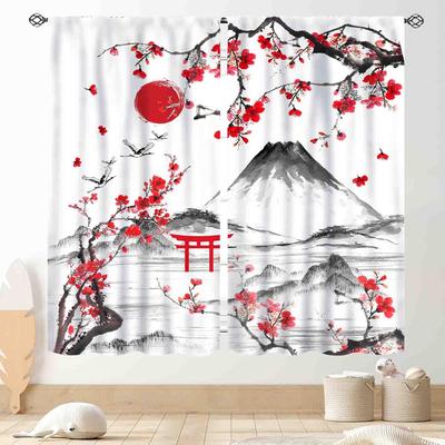 Japanese Curtains Traditional Ink Painting Red Floral Plum Cherry Blossom Asian Style Nature Mountains Landscape Window Drapes Curtain Polyester