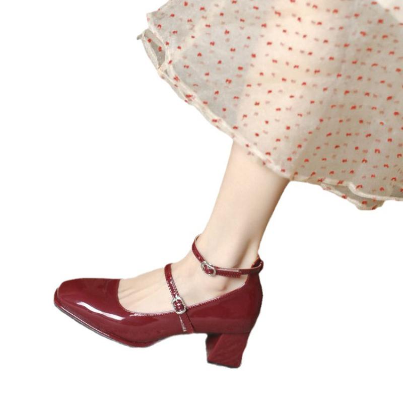 New Women Patent Leather Single Shoes Mary Janes High Quality Pumps Square Casual Coarse Heel Shoe Fashion Strap Women Sandalias