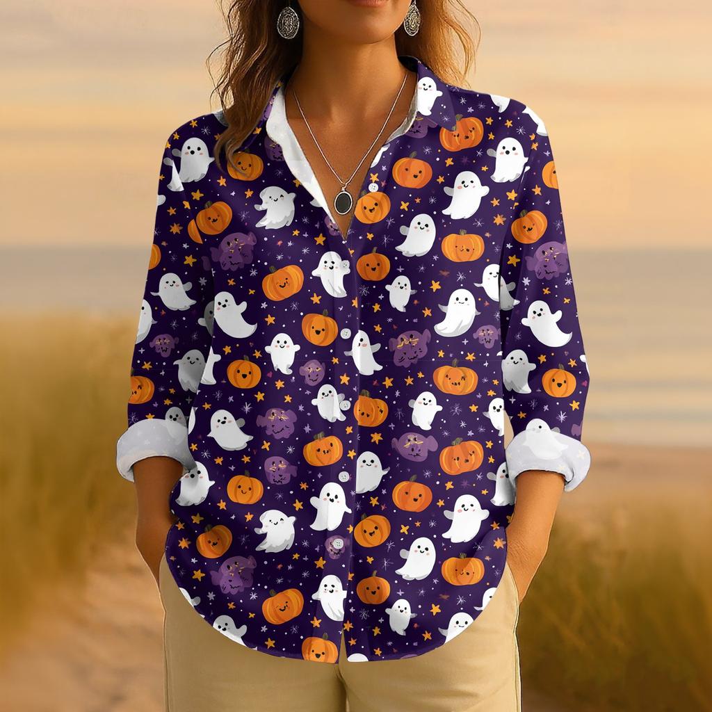 Dámská retro halloweenská potištěná košile s dlouhým rukávem na knoflíky, ležérní top s klasickým límečkem