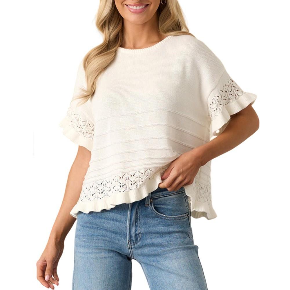 Summer New Style Women's Round-neck Open-weave Knitted Short-sleeved Ruffled Sweater Loose Top