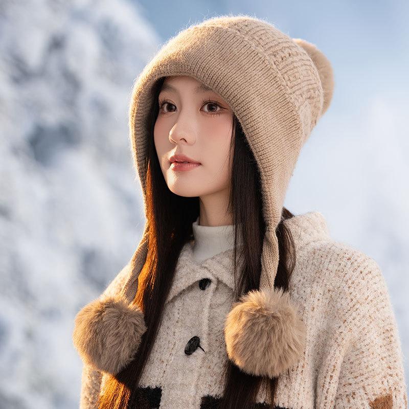 New Rabbit Fur Knitted Warm Hat Autumn and Winter Fleece Thickened Ear Protection Face Fleece Fleece Hat Women's Cold Protection Hat