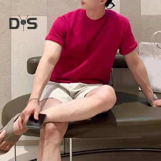 Summer Men T-Shirt Crew Neck Solid Color Short Sleeves Knitted Shirt Breathable Slim Fit Lightweight Basic Tee Casual Business Top