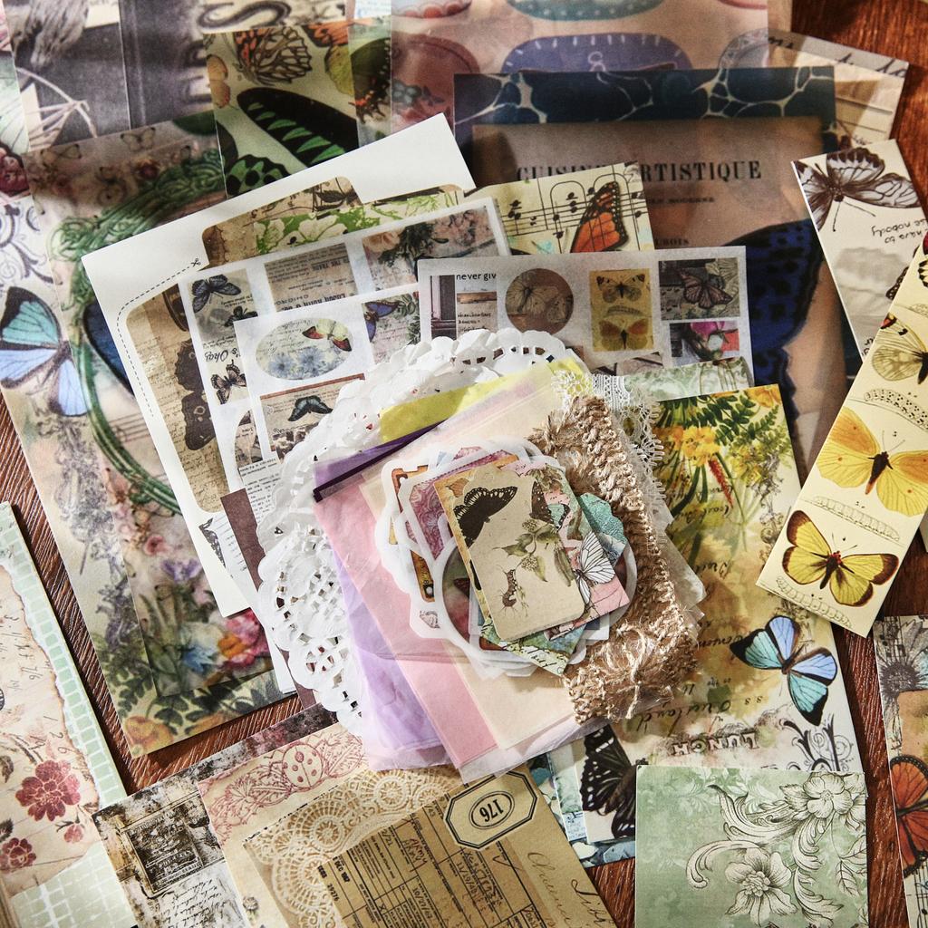 JIAMEI 140pcs Time Whisper Series Retro Scrapbook Decorative Stickers Material Pack DIY Handmade Collage Aesthetic Supplies