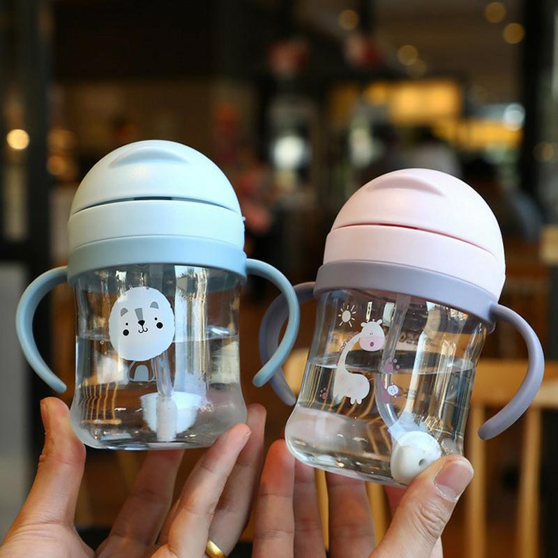 250Ml Cartoon Pattern Outdoor Child Drinking Bottle Straw Cup With Suction Ball For Kids Training Portable Handle Water Bottle