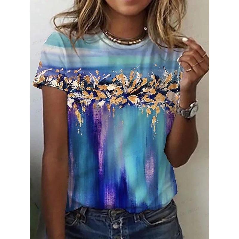 Luxurious Golden 3D Printed T-shirt for Ladies, Fashionable Summer Large-sized Loose Clothing