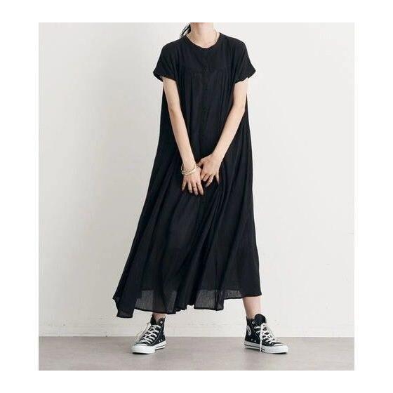 earth music ecology Willow gathered dress short sleeve long length black
