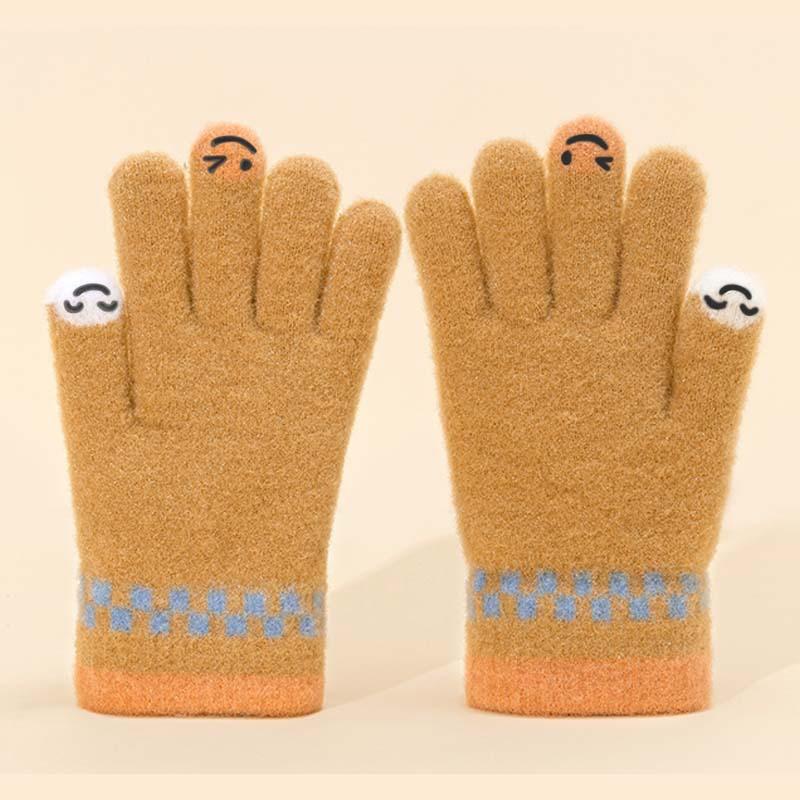 Herbst- und Winterwarme Studenten-Fünffinger-Plüschhandschuhe gestrickte Finger Cartoon Smiley-Gesicht einfache Plüsch-Fahrradhandschuhe