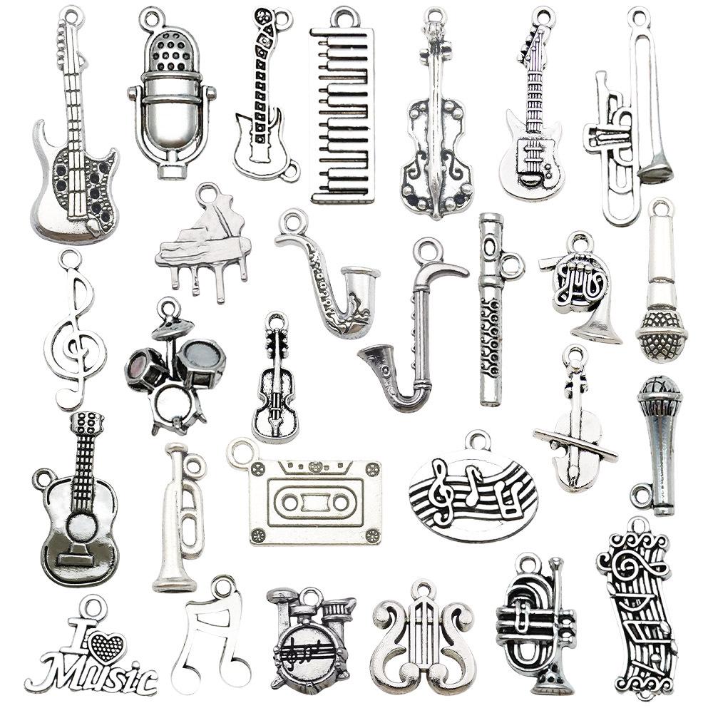 Mixed 30-Piece Musical Instrument Alloy Pendant Set with Guitar, Notes, and Mini Music Jewelry Accessories