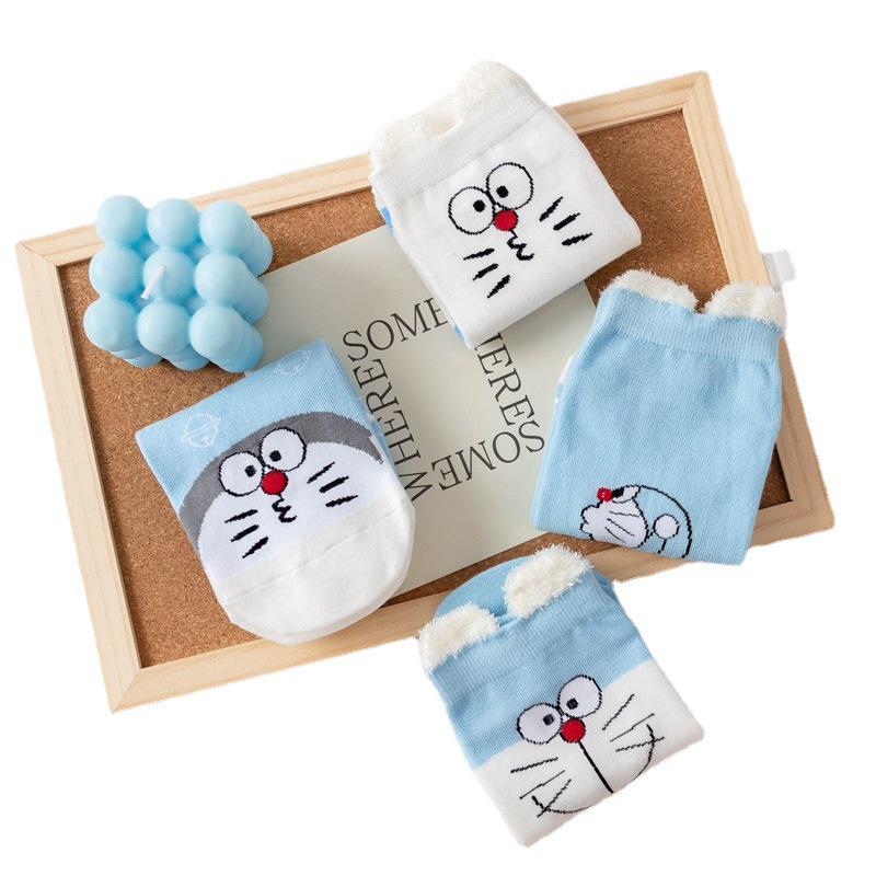 Women's Blue Fat Cat Cartoon Socks – Cute 3D Ears, Feather Yarn, All Cotton, Low-Cut Boat Style