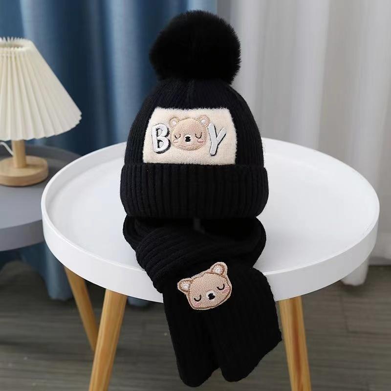Winter children's hats, piled and thickened two-piece sets, baby hats, bear wool hats, thermal hats, sets
