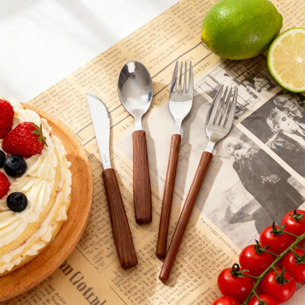 3/4Pcs 304 Stainless Steel Knife Fork Spoon Wood Grain Handle Dinnerware Set Portable Reusable Western Cutlery Dishwasher Safe