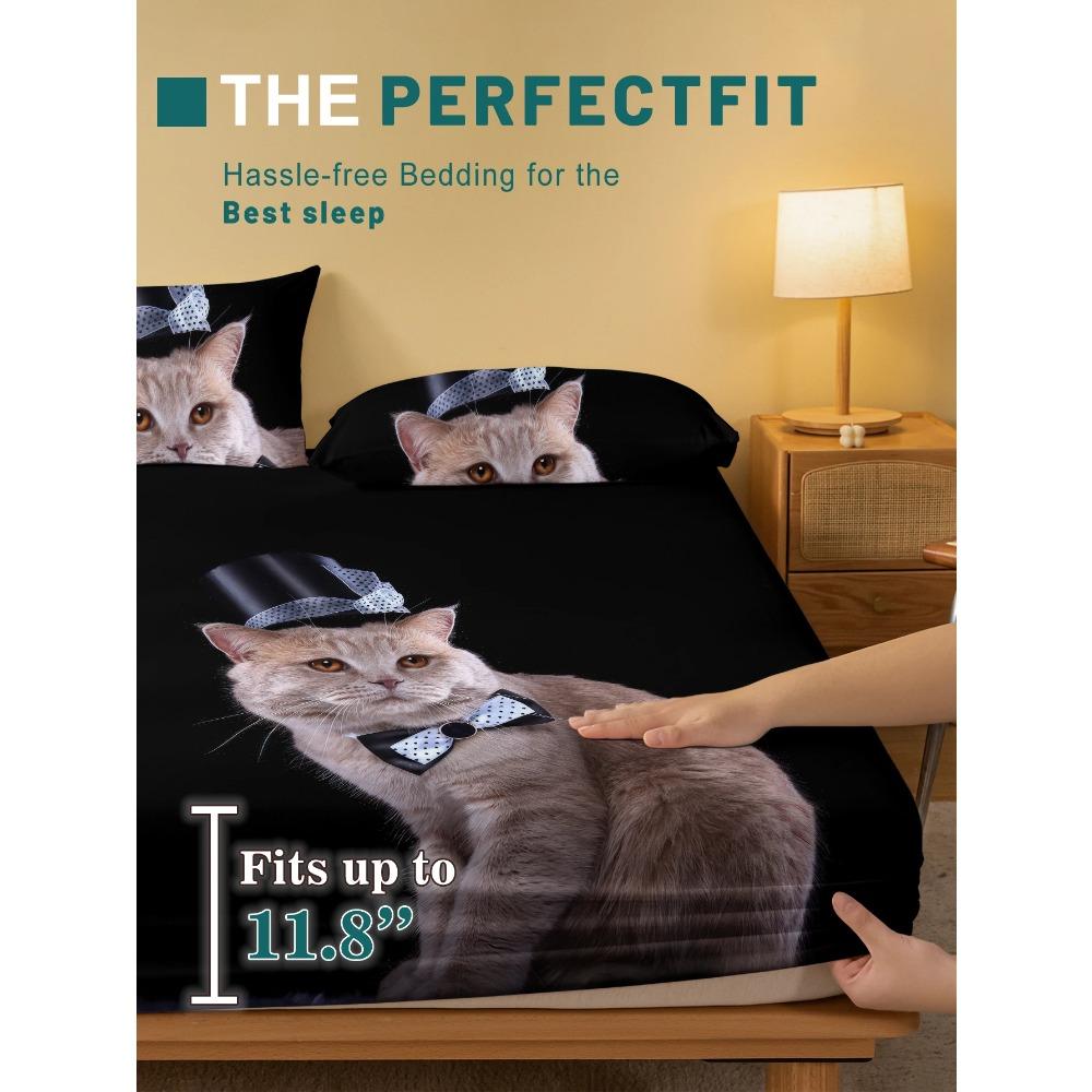 1 Cartoon Niedliches Tier Katze Digital Bedrucktes Mattiertes Spannbettlaken, Schlafzimmer Bedruckte Bettdecke, Bettwäsche(Kein Kissenbezug)