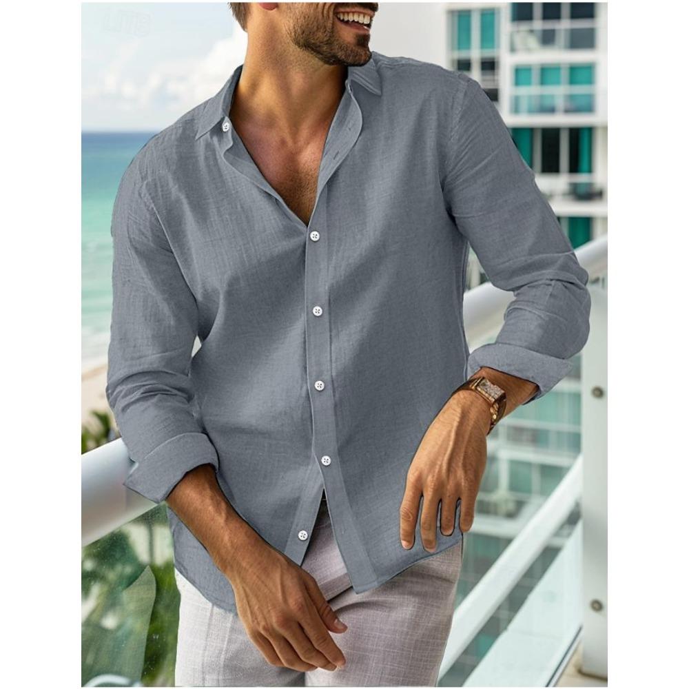 Men's Summer Shirt Button-down Shirt Long-sleeved Plain-coloured Collared Shirt Spring/Summer Casual Everyday Wear