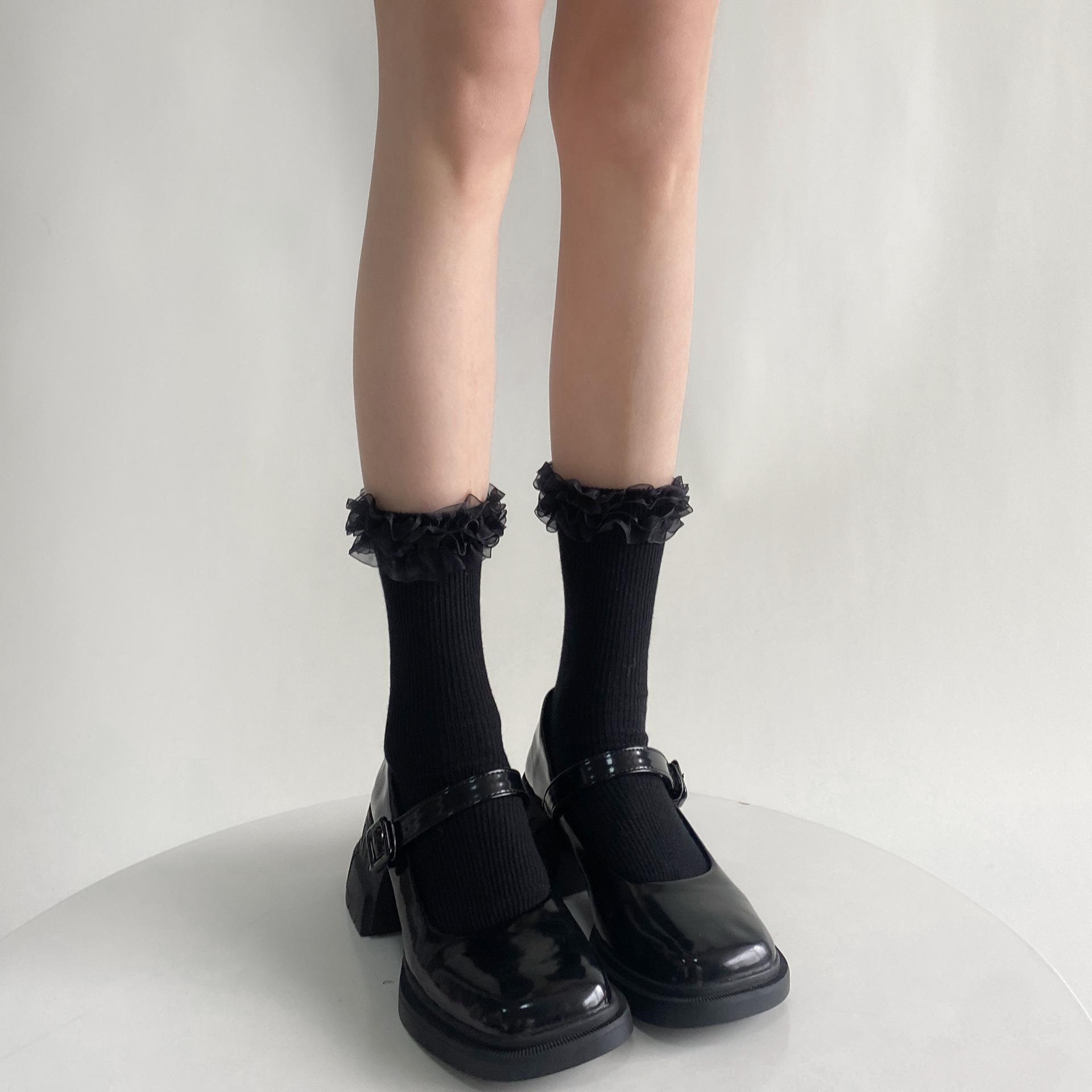 Japanese Sweet Lolita White Ruffle Ankle Socks - Women s Slimming Ribbed Mid-Calf Mesh Striped Cotton Socks