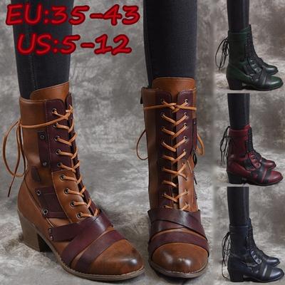 Fashion Boots for Women Vintage Leather Stitching Heel Boots Outdoor Pointed Mid-calf Cowboy Boots Tooling Motorcycle Boots Plus Size
