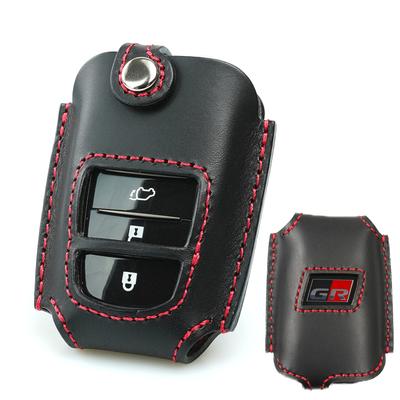 Leather Chaya Toyota GR Land Cruiser Crown Hilux Corolla Smart Key Case Genuine Leather GR Window (toyota-av3B) (Black/Red Perforation)