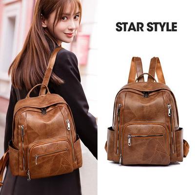 Damen Vintage-Rucksack aus weichem Leder mit großem Fassungsvermögen, Studentenrucksack aus Leder mit mehreren Taschen, Reiserucksack