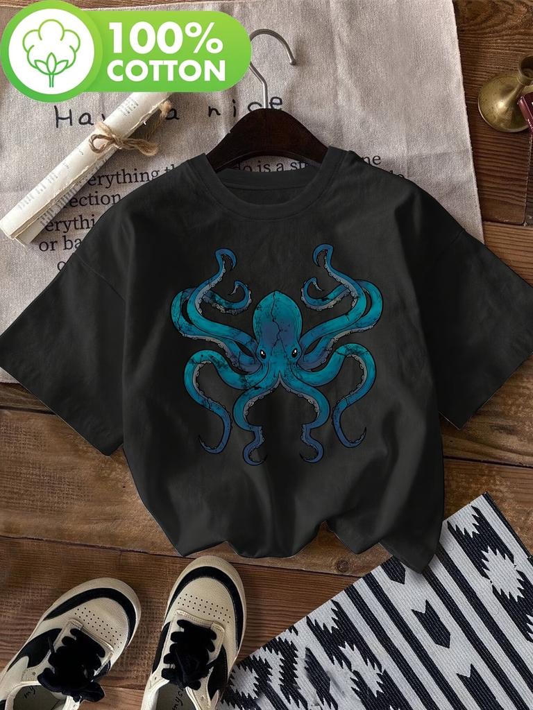 Vintage Octopus TShirt Cotton Cool Octopus TShirt Unisex Women Fashion Adult Tee Casual Breathable Loose Round Neck Tee