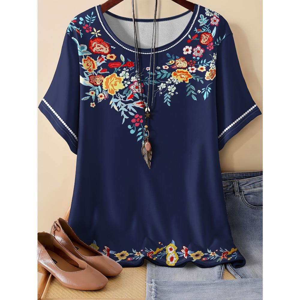 Summer Women Pattern Splicing Flower 3D Printed Short Sleeved T-shirt Fashionable Comfortable Soft Breathable Large Loose Retro Style T-shirt
