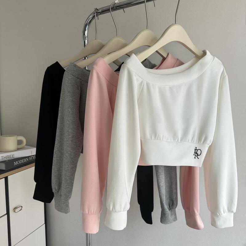 Europäischer und amerikanischer schulterfreier Pullover im koreanischen Stil - Herbstliches, leichtes, locker sitzendes, kurzes, langärmliges Damenoberteil