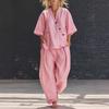 Damen 2-teiliges Outfit: Lässiges Kurzarm-Top mit Knopfleiste und V-Ausschnitt sowie lange Hose mit Taschen, Loungewear-Set für den Sommer, locker geschnitten