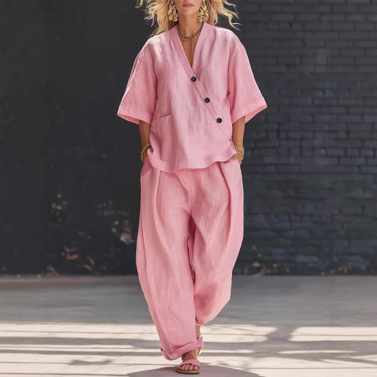 Damen 2-teiliges Outfit: Lässiges Kurzarm-Top mit Knopfleiste und V-Ausschnitt sowie lange Hose mit Taschen, Loungewear-Set für den Sommer, locker geschnitten