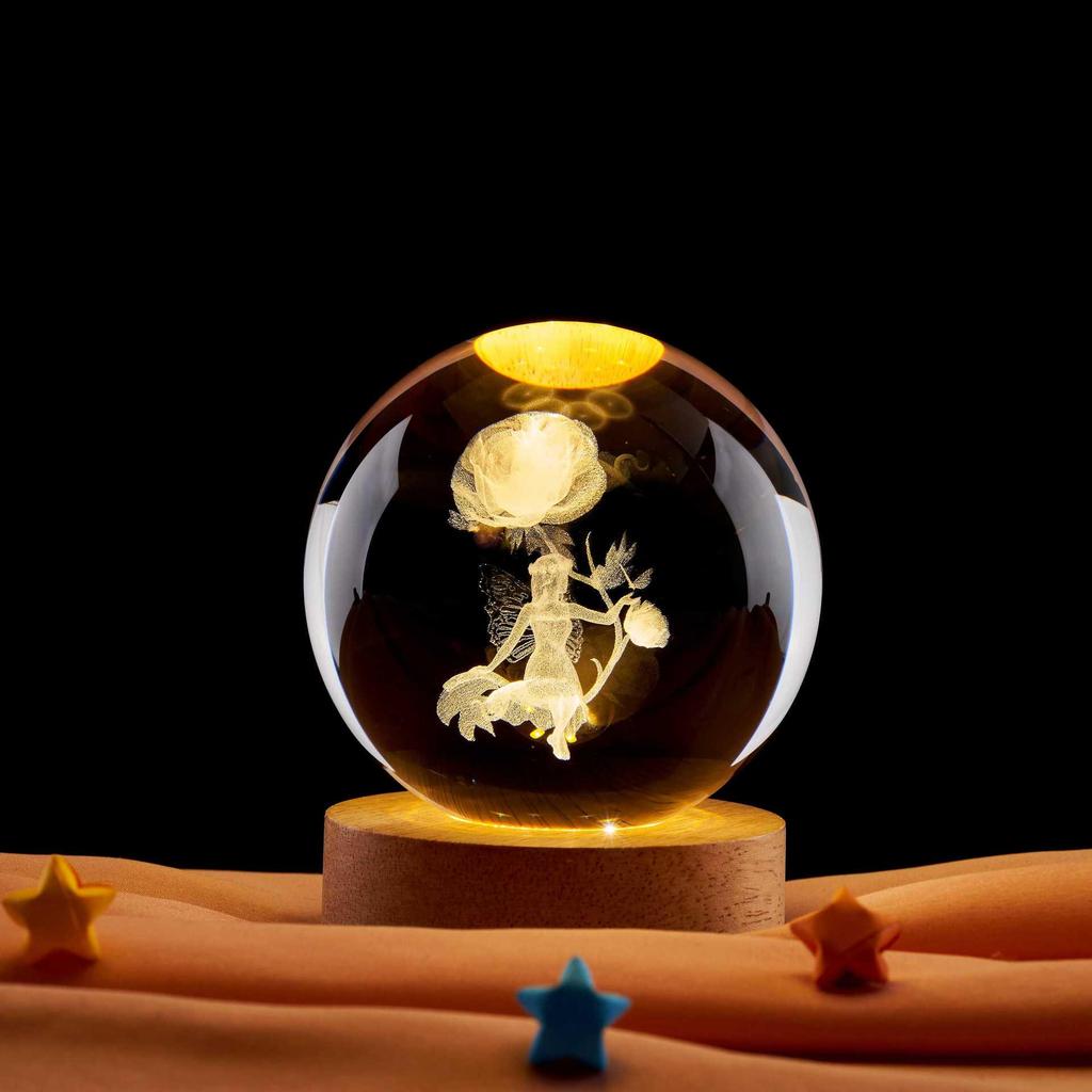 Flower Fairy Laser Engraved Crystal Ball Night Light - Perfect Gift for Classmate or Best Friend's Birthday.