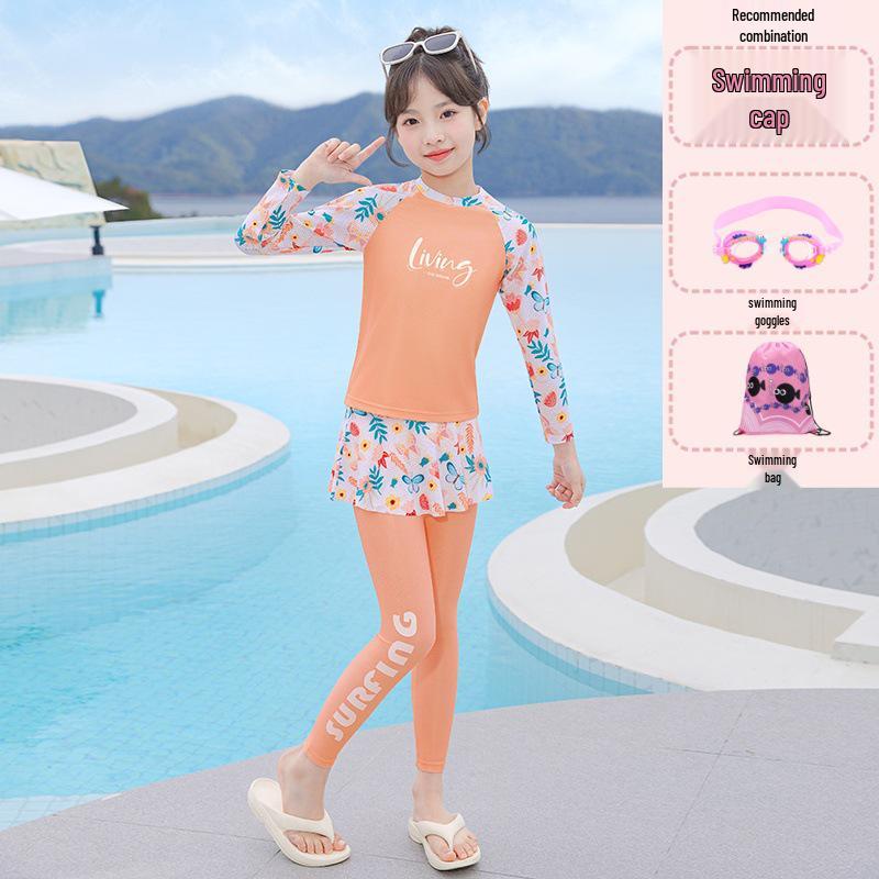 Girls' 2025 Long Sleeve Two-Piece Swimsuit for Sun Protection – Ideal for Middle and Big Kids, Perfect for Hot Springs and Swimming.