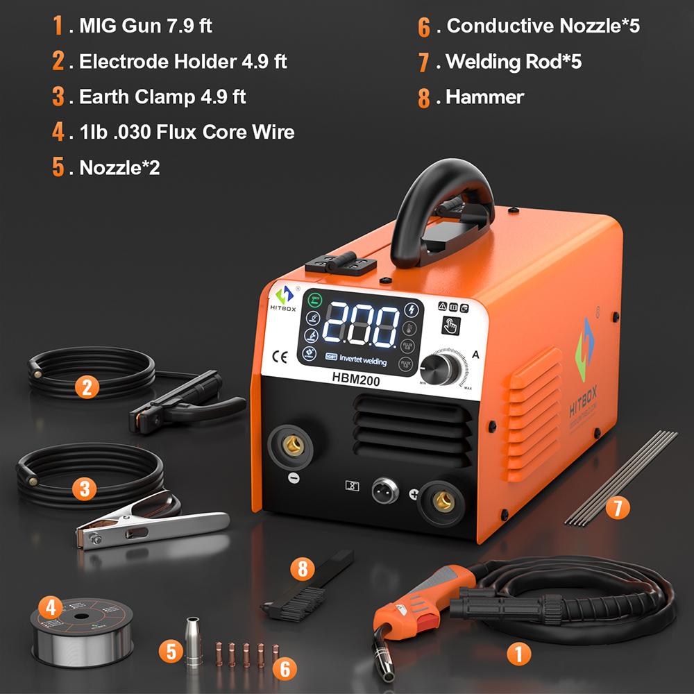 HITBOX 3 in 1 Semi-automatic Welding Machine Non Gas MIG/LIFT TIG/MMA Inverter Welder Synergy Tool For Gasless Soldering HBM200