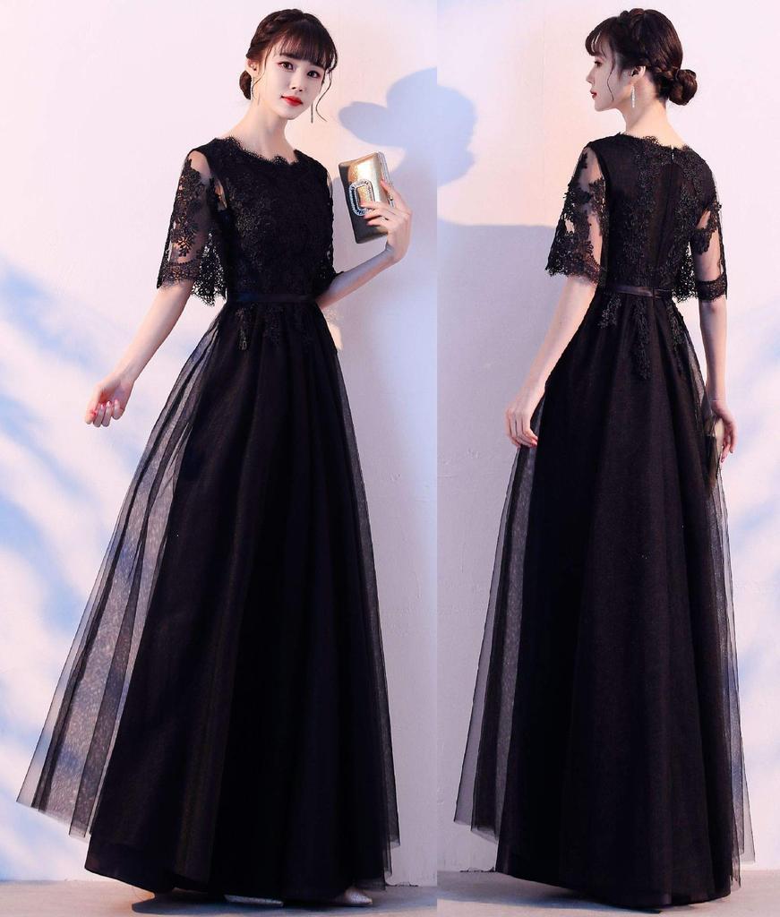 DEEPEYES Long Party Dress with Lace Plus for and Receptions Trim, Size, Weddings, Receptions, Concerts, (Size L, Black)