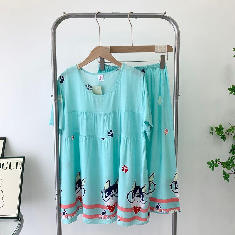 Poplin Pajamas Women's Summer Thin Loose Short Sleeve Shorts Suit Home Can Be Outwear Cartoon Pajamas Two-piece Set