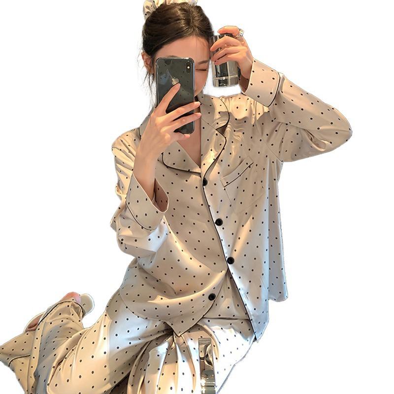 High-Value Ice Silk Thin Pajamas Women'S Spring Black Polka Dot Long-Sleeved Suit Fashionable Loungewear Can Be Worn Outside