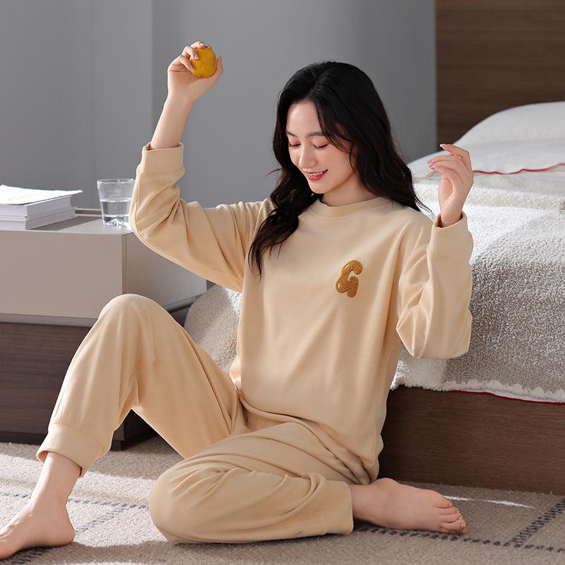 Pajamas Women'S Autumn And Winter Island Fleece Round Neck Pullover Spring And Autumn Coral Fleece Fleece Thin Fleece Loungewear