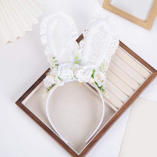 Bunny Headband Lace Bunny Ear Design Hair Hoop with Colorful Artificial Flowers Forest Style Easter
