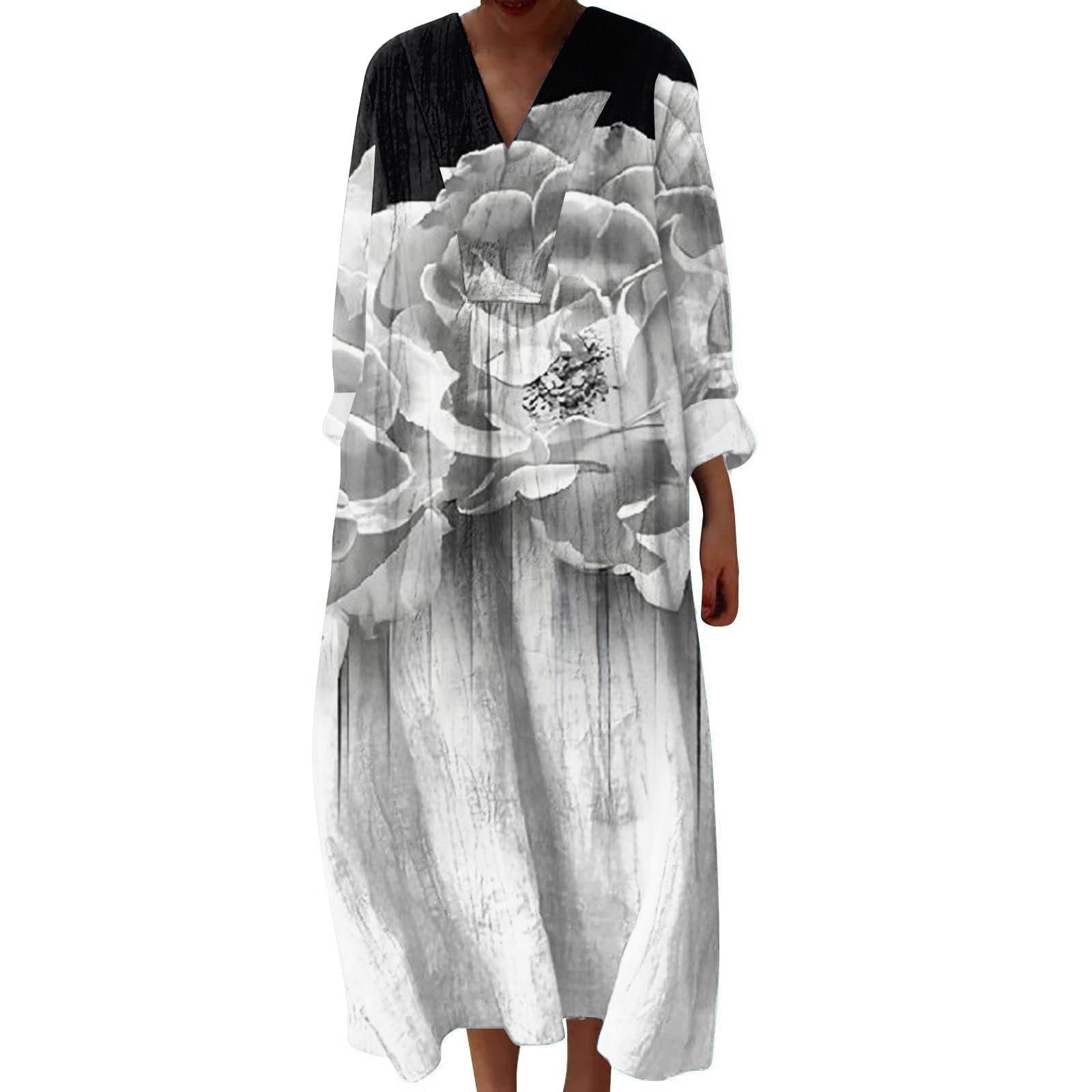 

Женское повседневное и модное платье с V-образным вырезом и принтом, с длинным рукавом XL белый