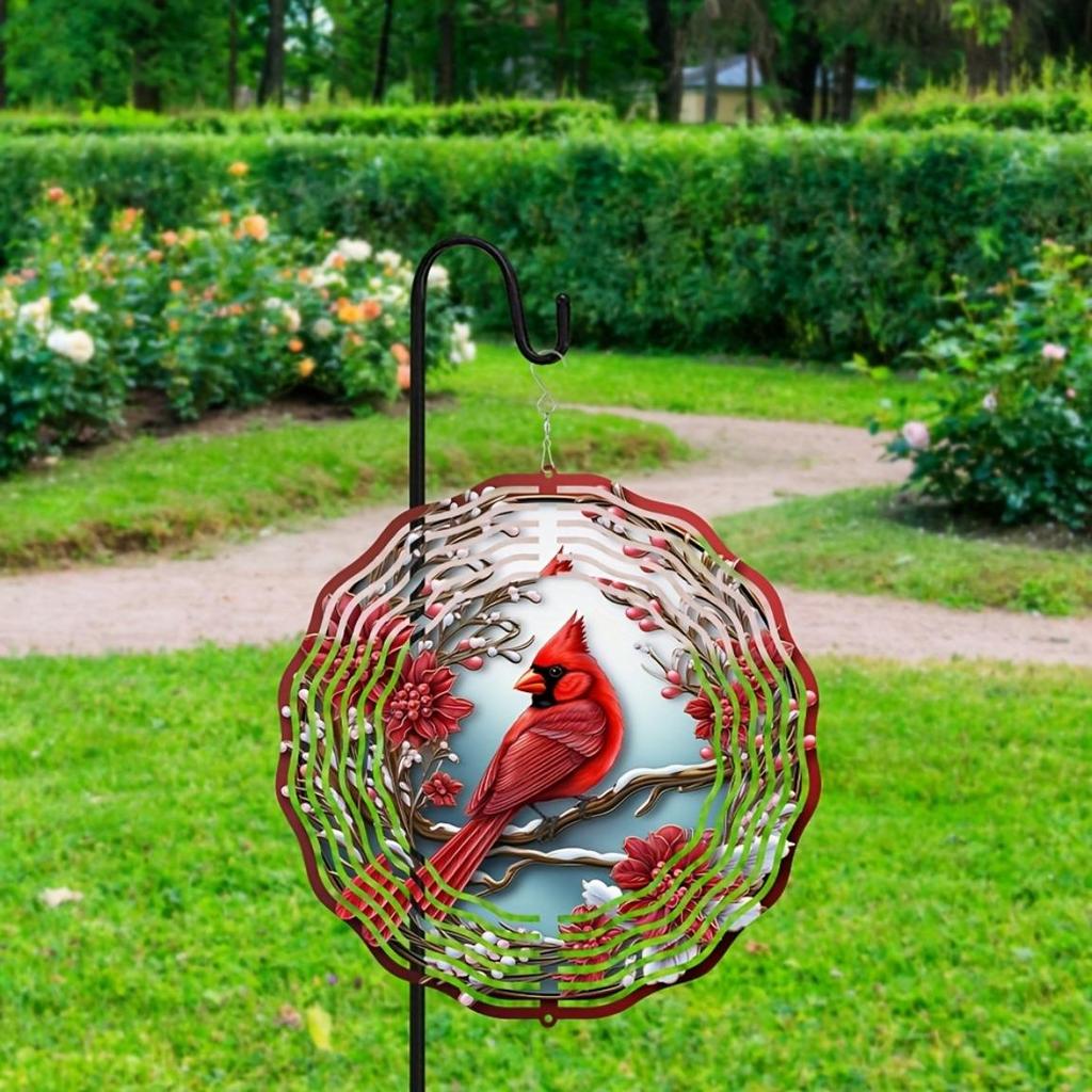 Vibrant Red Cardinal Wind Spinner – 2D Stainless Steel Kinetic Garden Sculpture with Floral Design, All-Season Outdoor/Indoor Decor for Yard, Window