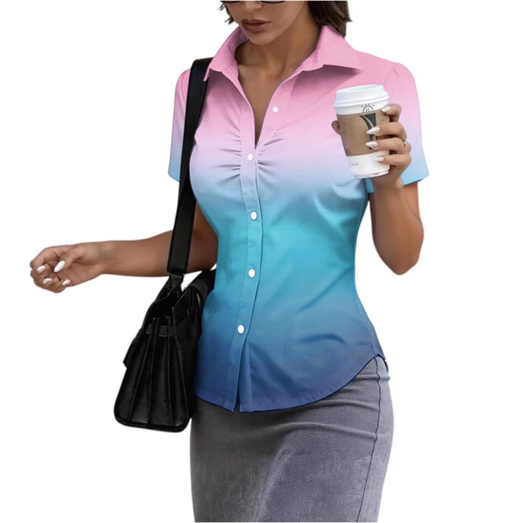 Women's Short Sleeve Button Down Shirt Slim Fit Collared Business Casual Office Blouse Tailored Top for Summer Workwear
