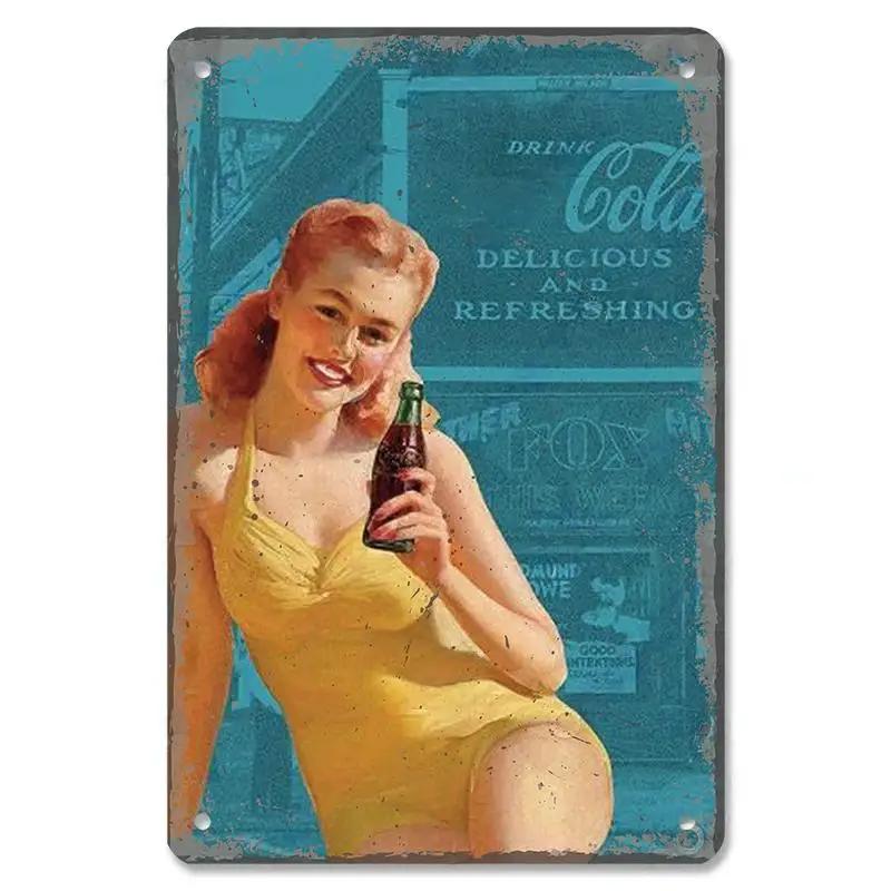 Vintage Cola PinUp Girls Metal Poster Tin Signs Retro Wall Art Decor for Bar Pub Garage Club Man Cave Cafe